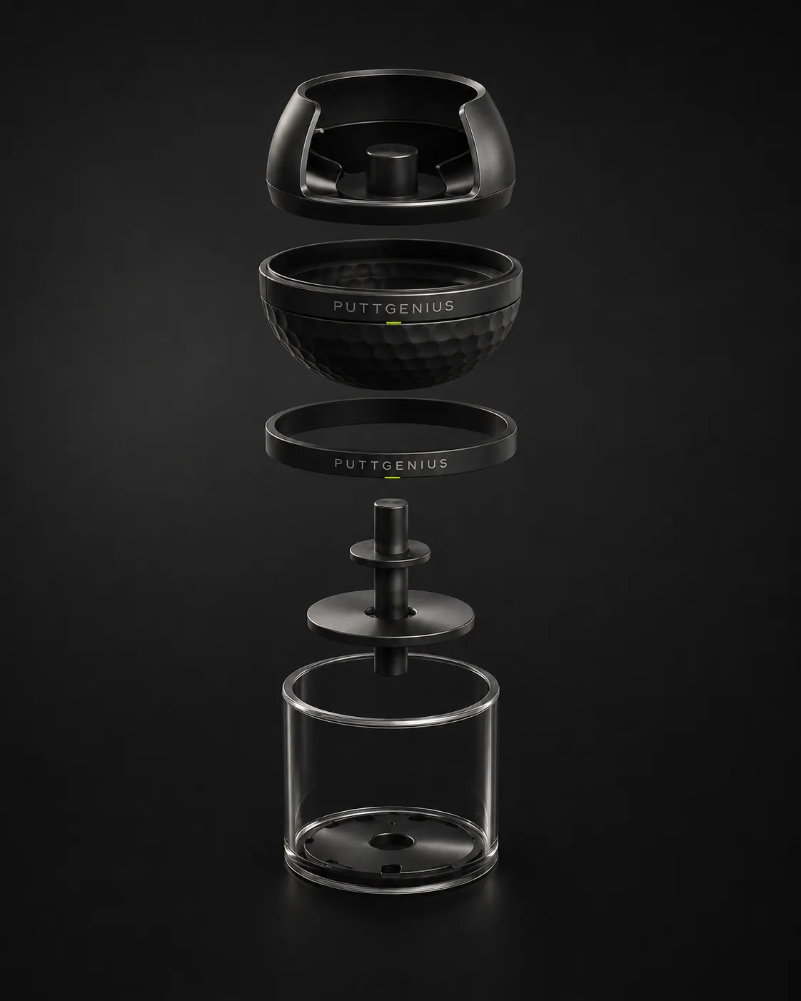 Exploded view of PuttGenius: cap, dimpled orb, engraved collar, sensor post, clear cup housing
