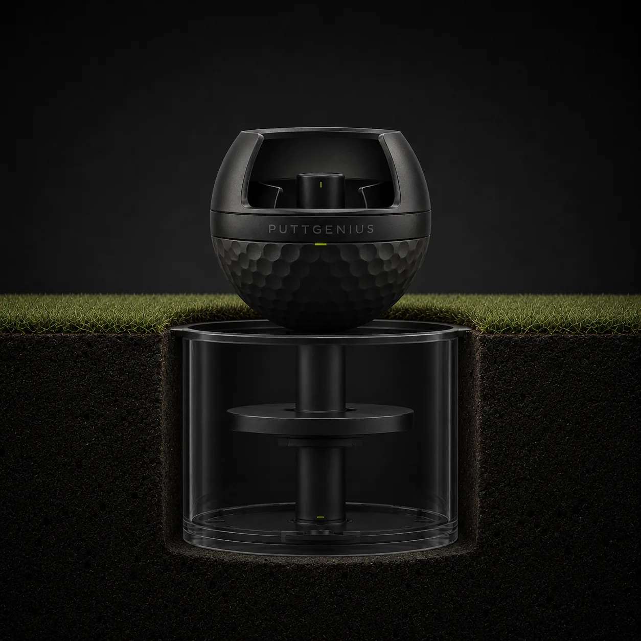 PuttGenius cross-section: the orb seated above the grass line, the clear cup housing and sensor below ground