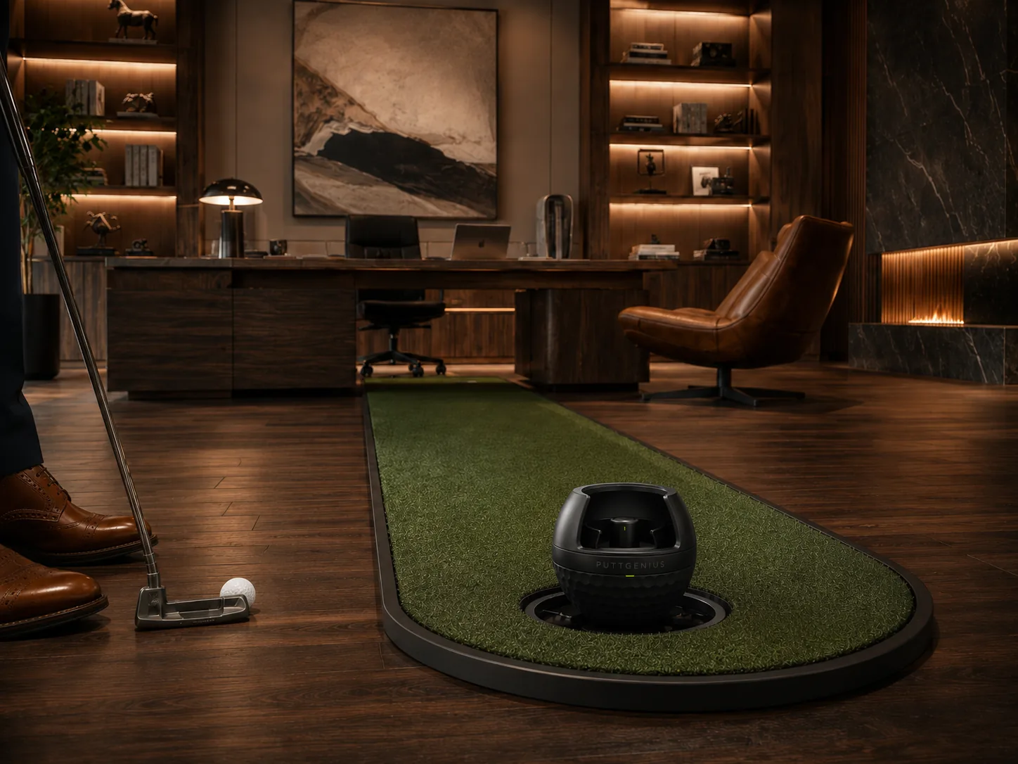 PuttGenius seated in a practice green in a warm home office, a golfer addressing a putt