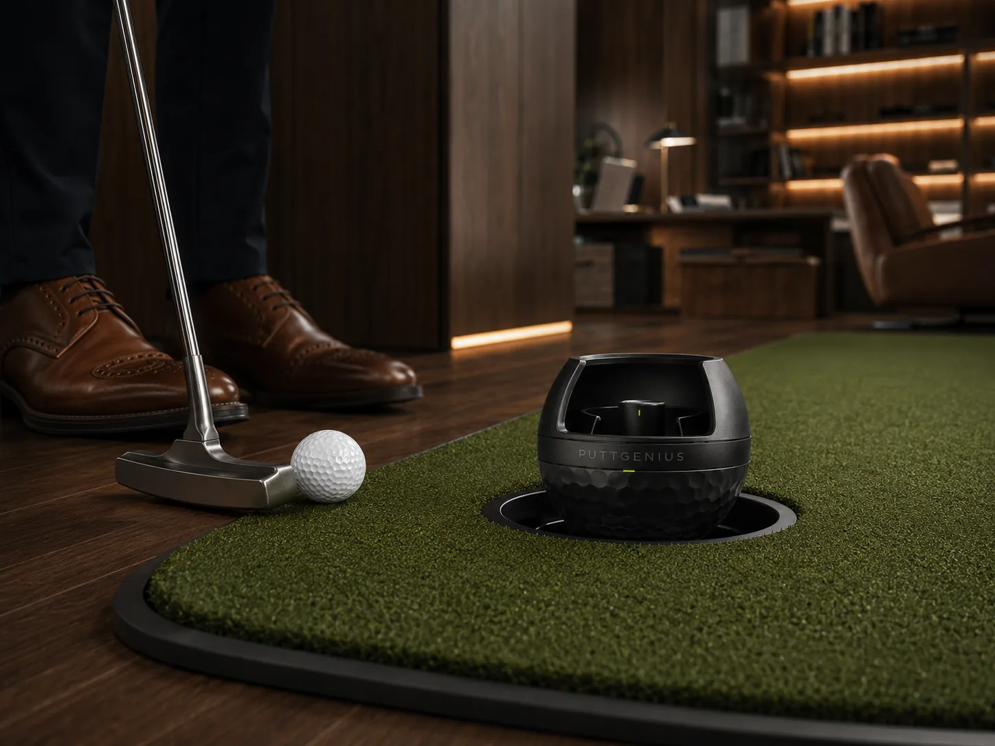Addressing a putt on the practice green, the orb seated flush in the cup