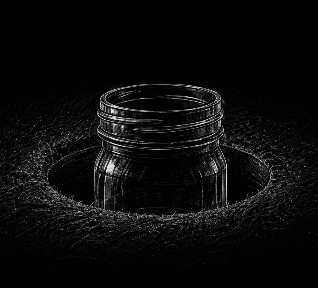 Sketch: an empty mason jar dropped into a golf hole